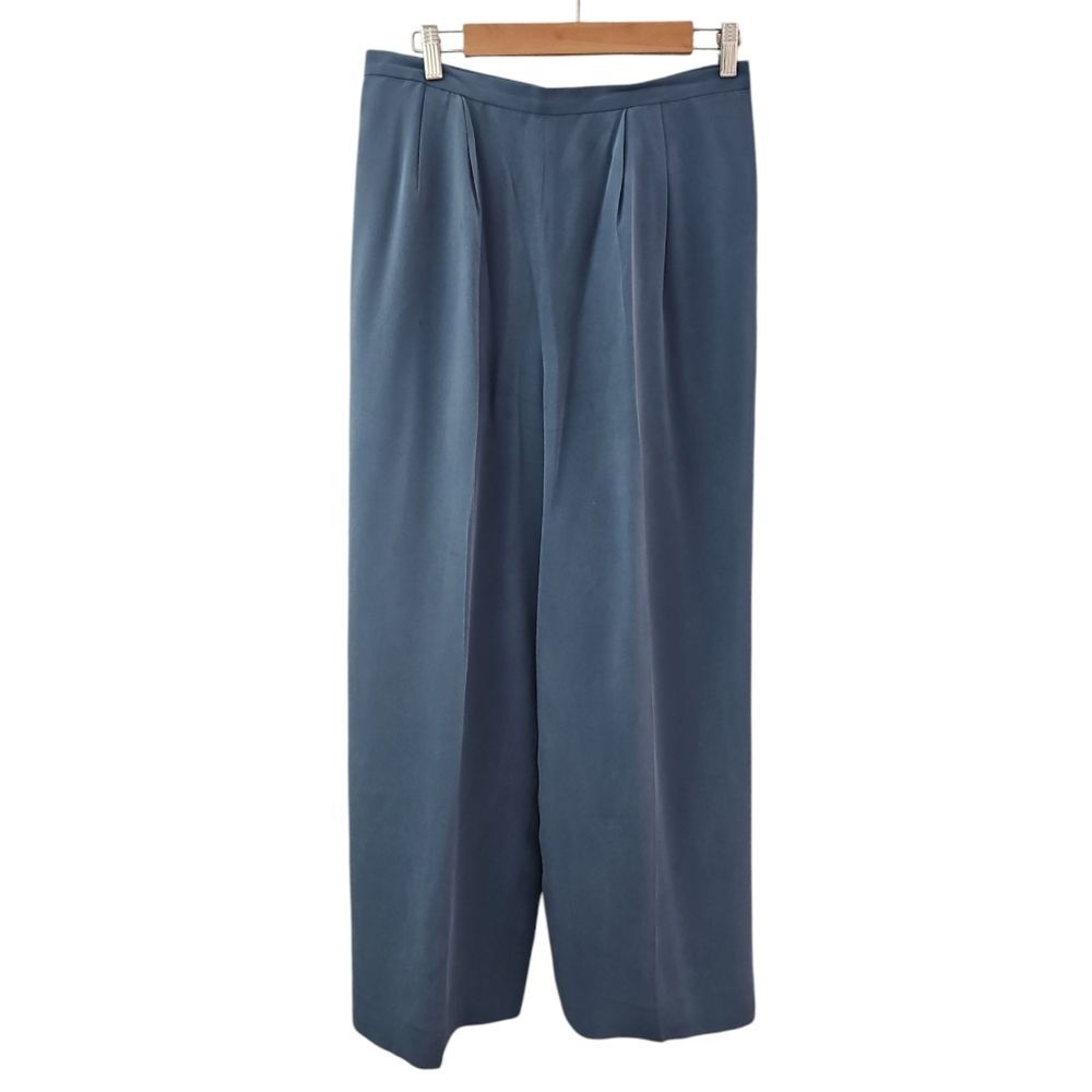 Anna Carole 100% Silk Vintage Trousers Women’s 12 Blue Pleated Wide Leg Pants